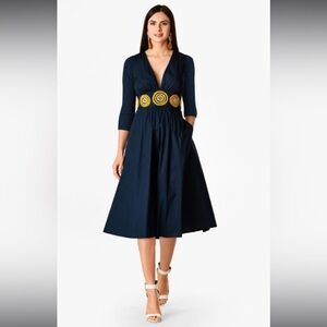 Wayward Fancies eShakti Women's Embellished Waist Plunge Poplin Dress‎ Navy Boho